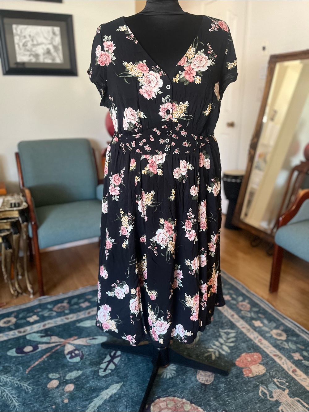 torrid Black Midi Dress with Pink Rose & Cream Floral Print